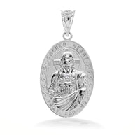 925 Sterling Silver 3D Jesus Christ Sacred Heart Narrow Oval Pendant Necklace