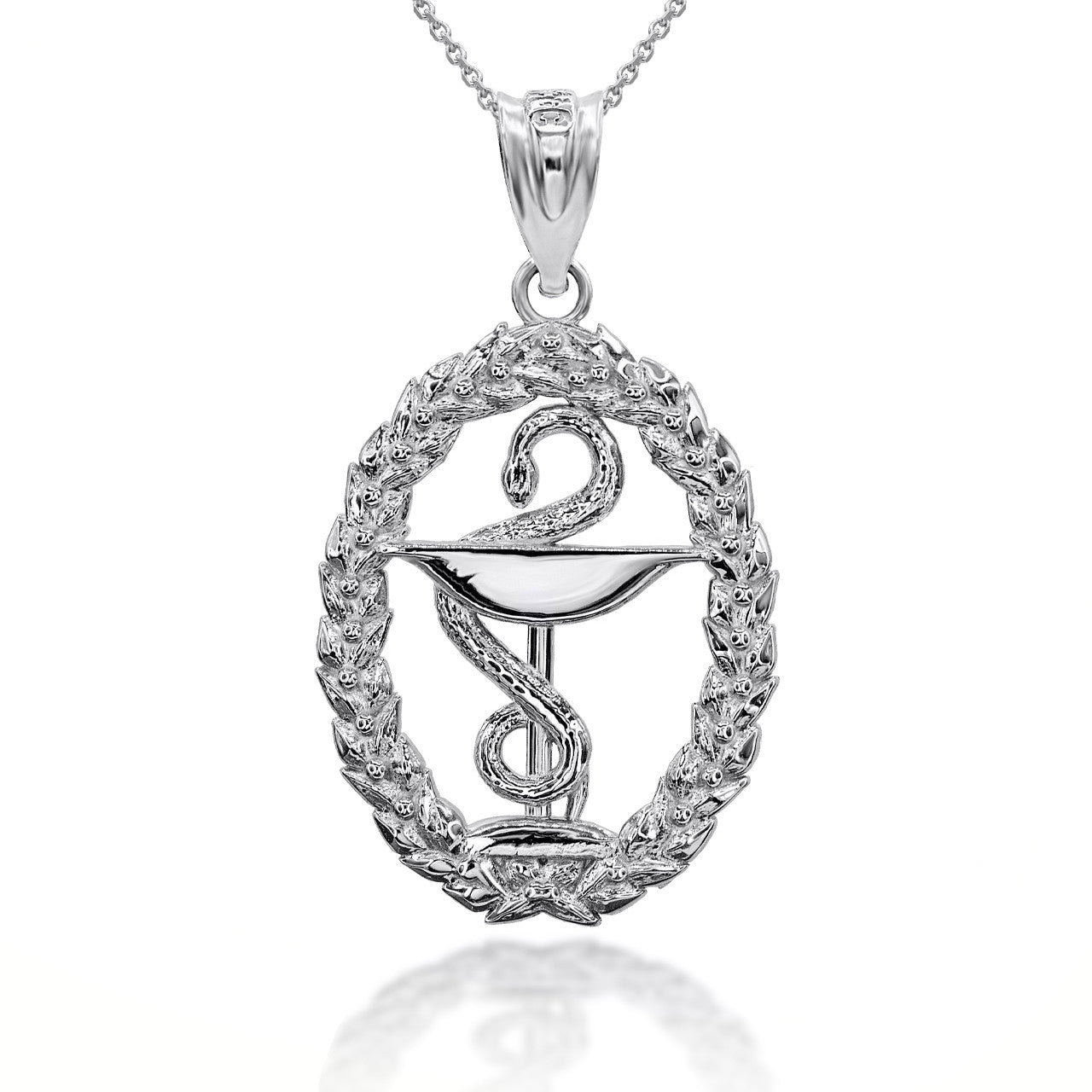 .925 Sterling Silver Pharmacy Bowl Of Hygieia Oval Wreath Pendant Necklace