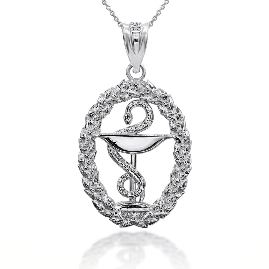 .925 Sterling Silver Pharmacy Bowl Of Hygieia Oval Wreath Pendant Necklace