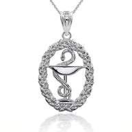 .925 Sterling Silver Pharmacy Bowl Of Hygieia Oval Wreath Pendant Necklace