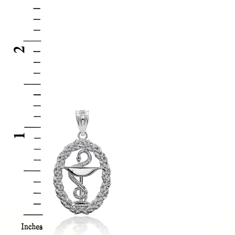 .925 Sterling Silver Pharmacy Bowl Of Hygieia Oval Wreath Pendant Necklace