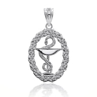 .925 Sterling Silver Pharmacy Bowl Of Hygieia Oval Wreath Pendant Necklace