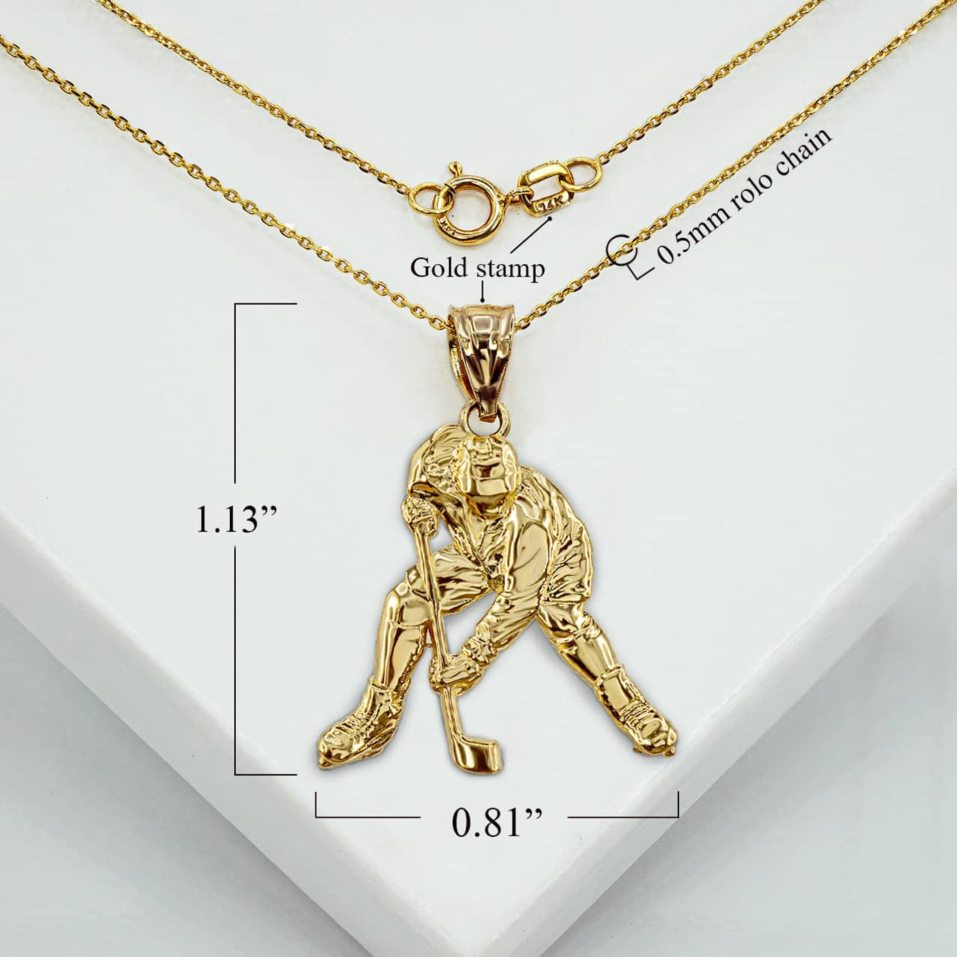 Gold Hockey Player 3D Charm Necklace (Available in Yellow/Rose/White Gold)