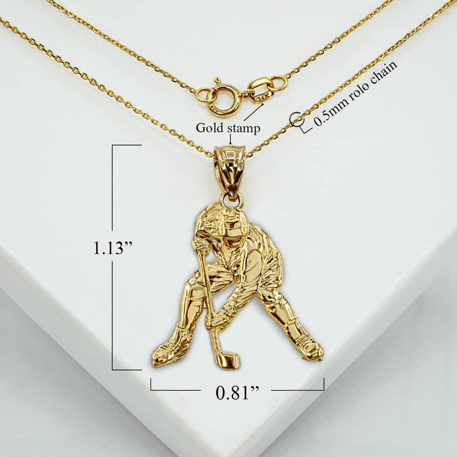 Gold Hockey Player 3D Charm Necklace (Available in Yellow/Rose/White Gold)