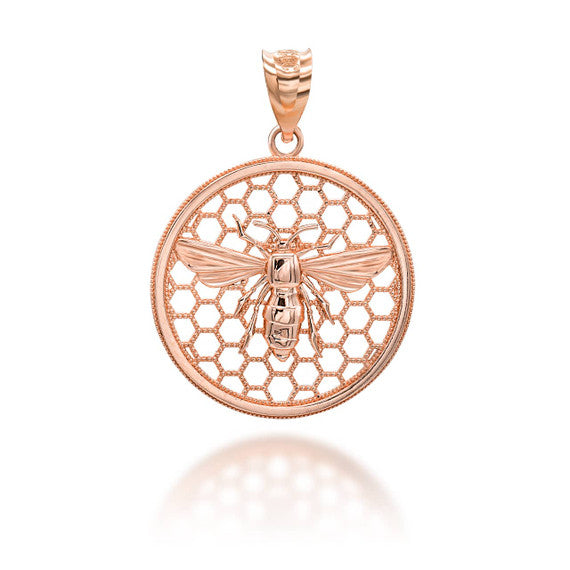 Solid Gold Beaded Queen Bee Hive Honey Comb Pendant Necklace (Available in Yellow/Rose/White)