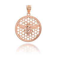 Solid Gold Beaded Queen Bee Hive Honey Comb Pendant Necklace (Available in Yellow/Rose/White)