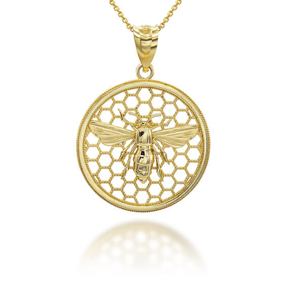 Solid Gold Beaded Queen Bee Hive Honey Comb Pendant Necklace (Available in Yellow/Rose/White)