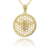 Solid Gold Beaded Queen Bee Hive Honey Comb Pendant Necklace (Available in Yellow/Rose/White)