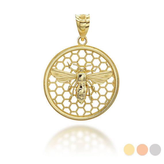Solid Gold Beaded Queen Bee Hive Honey Comb Pendant Necklace (Available in Yellow/Rose/White)
