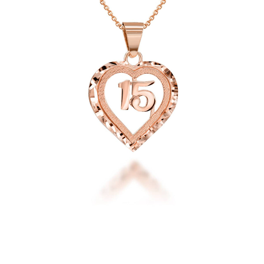 Gold Diamond Cut Heart 15 Años Quinceañera Textured Pendant Necklace (Available in Yellow/Rose/White Gold)