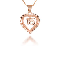 Gold Diamond Cut Heart 15 Años Quinceañera Textured Pendant Necklace (Available in Yellow/Rose/White Gold)