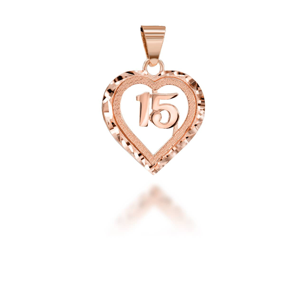 Gold Diamond Cut Heart 15 Años Quinceañera Textured Pendant Necklace (Available in Yellow/Rose/White Gold)