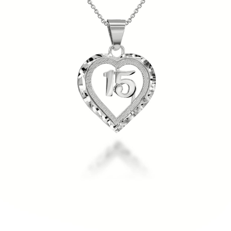 Gold Diamond Cut Heart 15 Años Quinceañera Textured Pendant Necklace (Available in Yellow/Rose/White Gold)