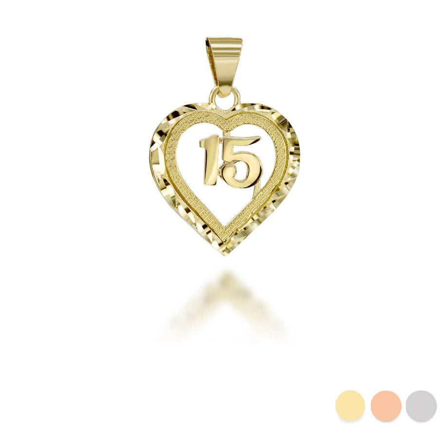 Gold Diamond Cut Heart 15 Años Quinceañera Textured Pendant Necklace (Available in Yellow/Rose/White Gold)