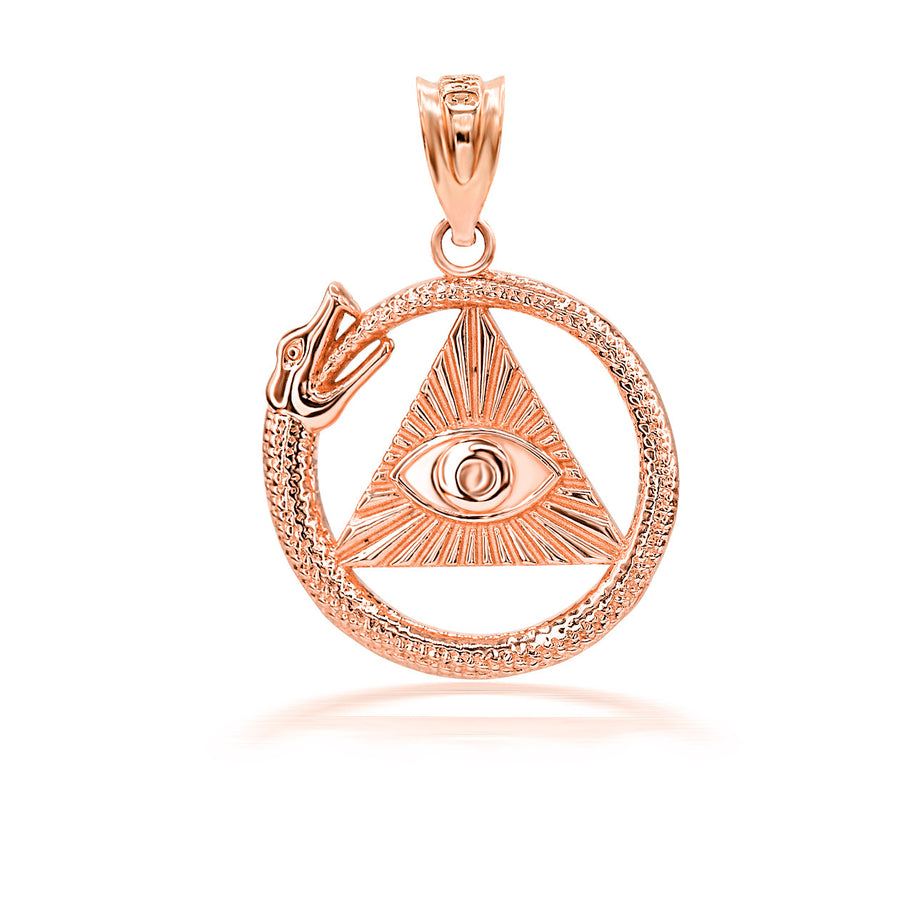 Gold Textured Ouroboros Snake Pyramid Eye of Providence Pendant Necklace (Available in Yellow/Rose/White Gold)