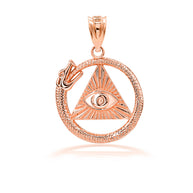 Gold Textured Ouroboros Snake Pyramid Eye of Providence Pendant Necklace (Available in Yellow/Rose/White Gold)