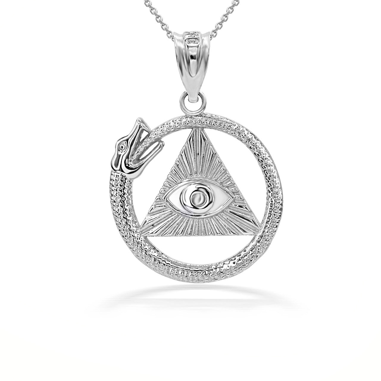 Gold Textured Ouroboros Snake Pyramid Eye of Providence Pendant Necklace (Available in Yellow/Rose/White Gold)