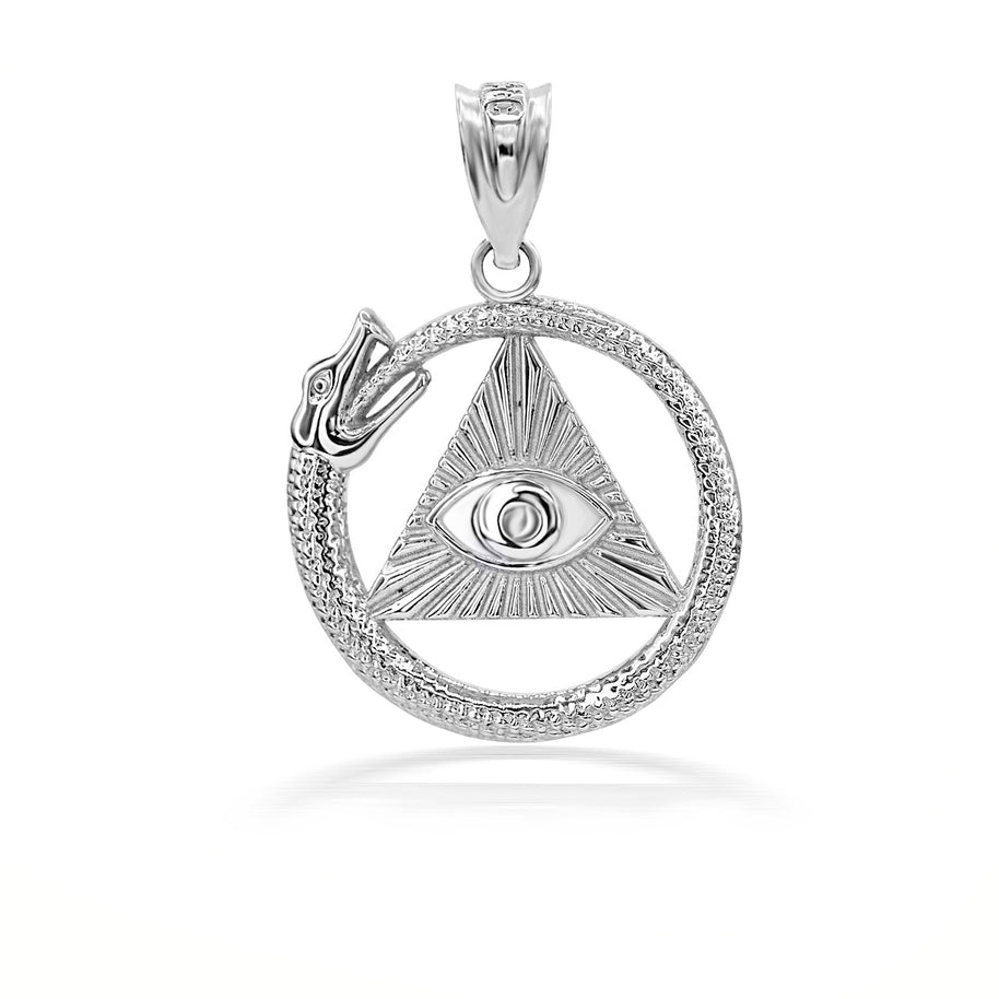 Gold Textured Ouroboros Snake Pyramid Eye of Providence Pendant Necklace (Available in Yellow/Rose/White Gold)