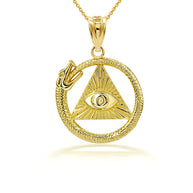 Gold Textured Ouroboros Snake Pyramid Eye of Providence Pendant Necklace (Available in Yellow/Rose/White Gold)