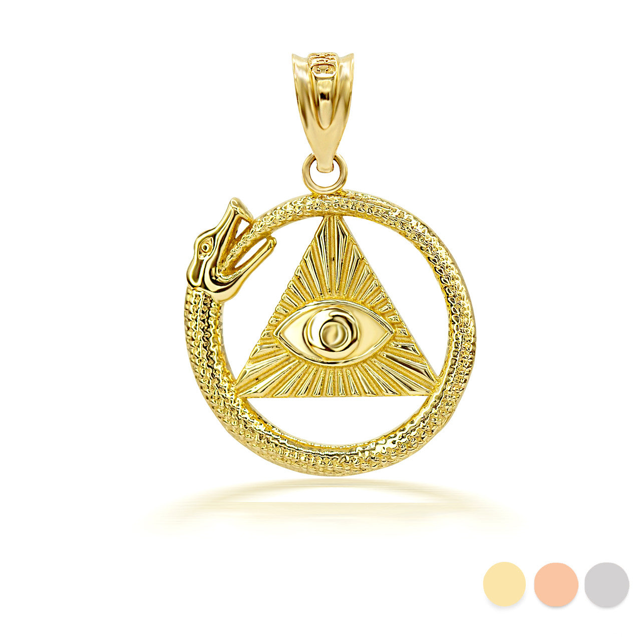 Gold Textured Ouroboros Snake Pyramid Eye of Providence Pendant Necklace (Available in Yellow/Rose/White Gold)