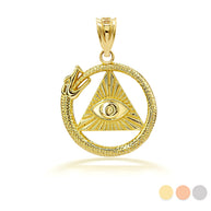 Gold Textured Ouroboros Snake Pyramid Eye of Providence Pendant Necklace (Available in Yellow/Rose/White Gold)