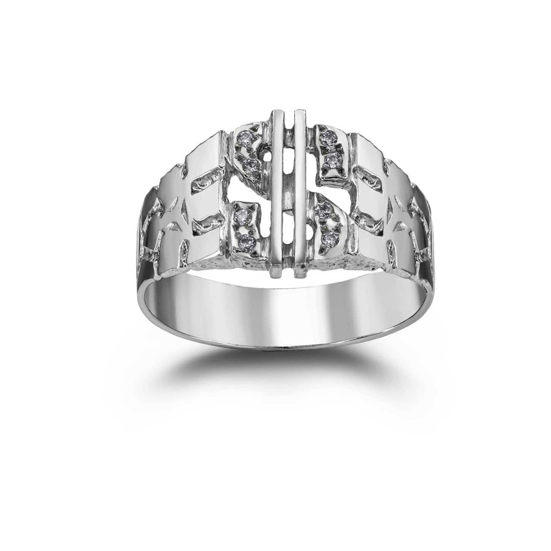 .925 Sterling Silver Diamond Dollar Sign Money Nugget Ring