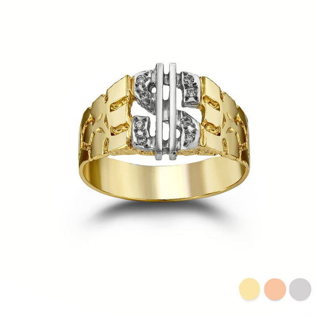 Two-Tone Gold Diamond Dollar Sign Money Nugget Ring (Available in Yellow/Rose/White Gold)