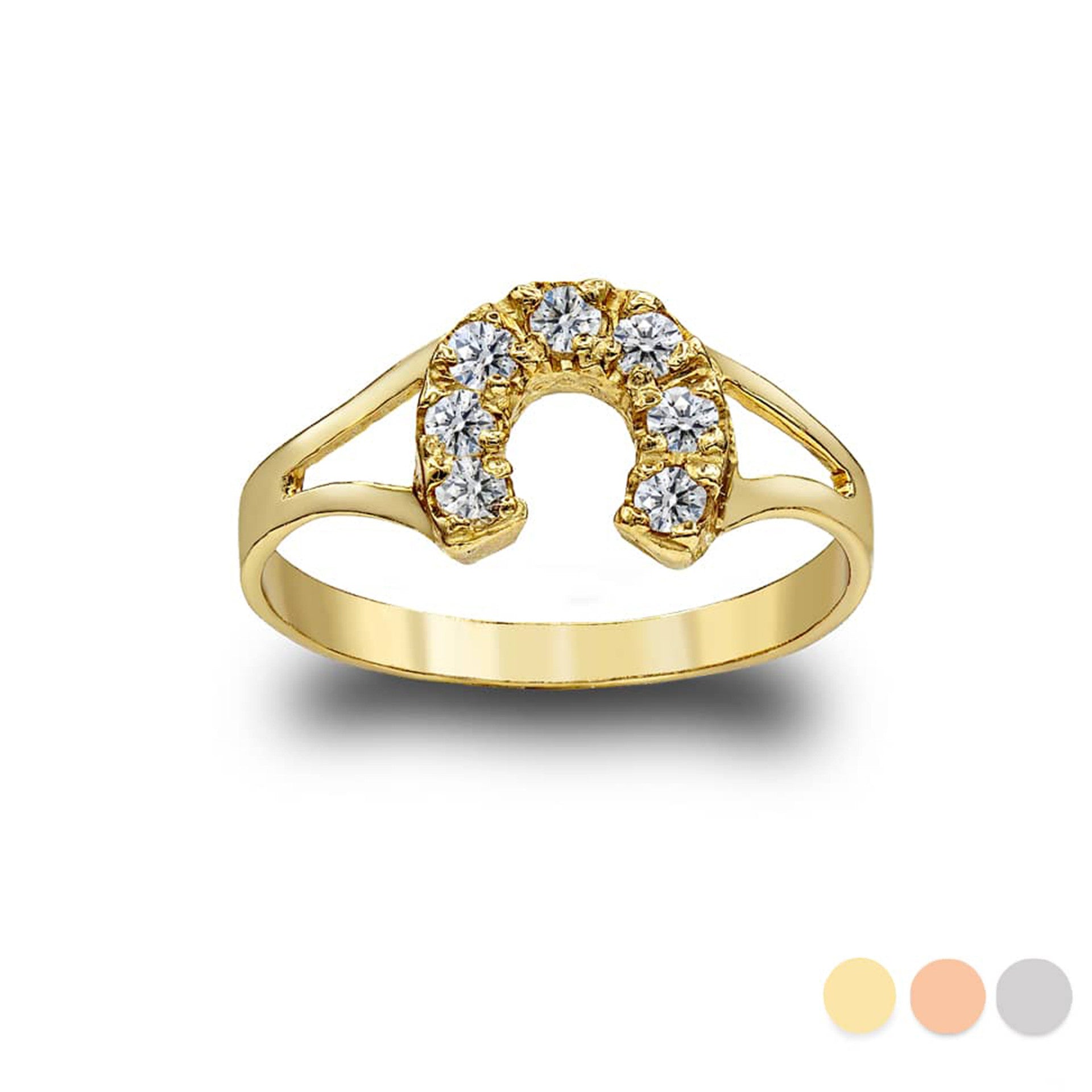 Gold Cubic Zirconia Lucky Horseshoe Ring (Available in Yellow/Rose/White Gold)