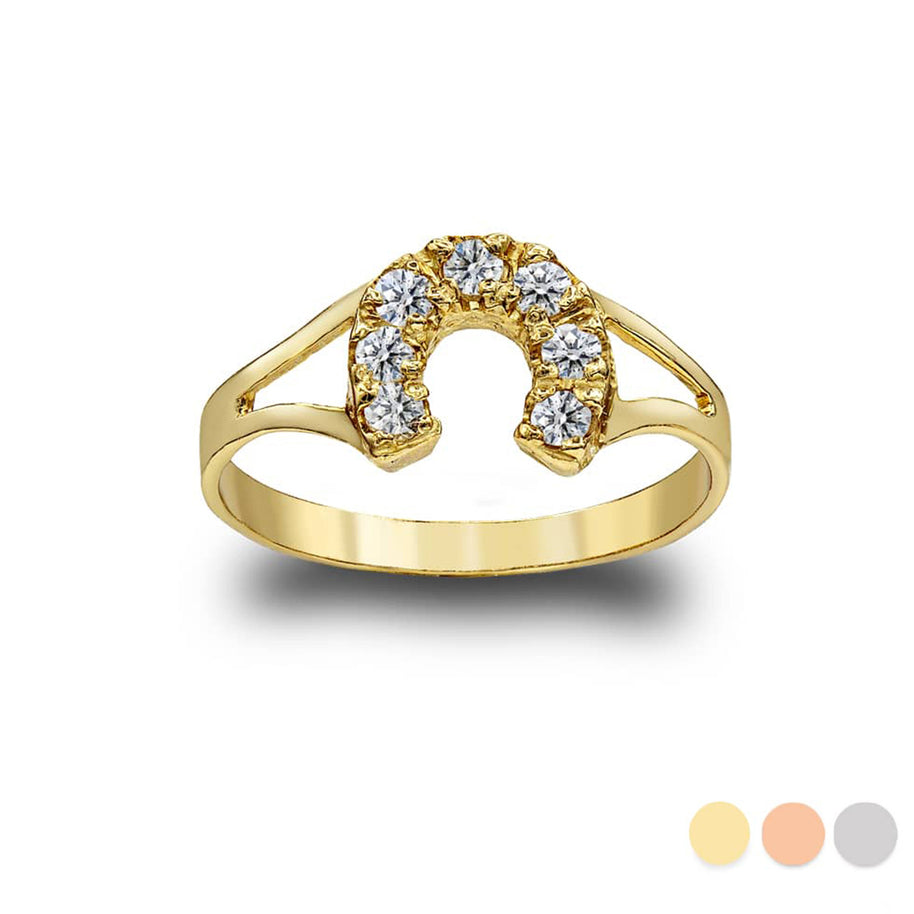 Gold Cubic Zirconia Lucky Horseshoe Ring (Available in Yellow/Rose/White Gold)