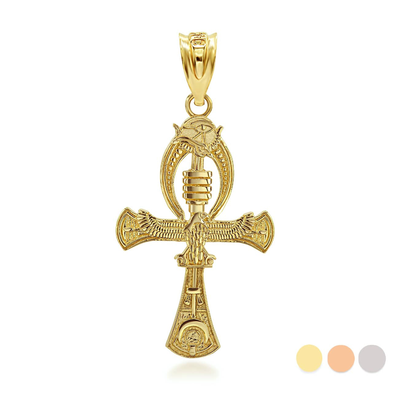 Gold 3D Egyptian Ankh Cross Eagle Eye of Horus Wadjet Pendant Necklace (Available in Yellow/Rose/White Gold)