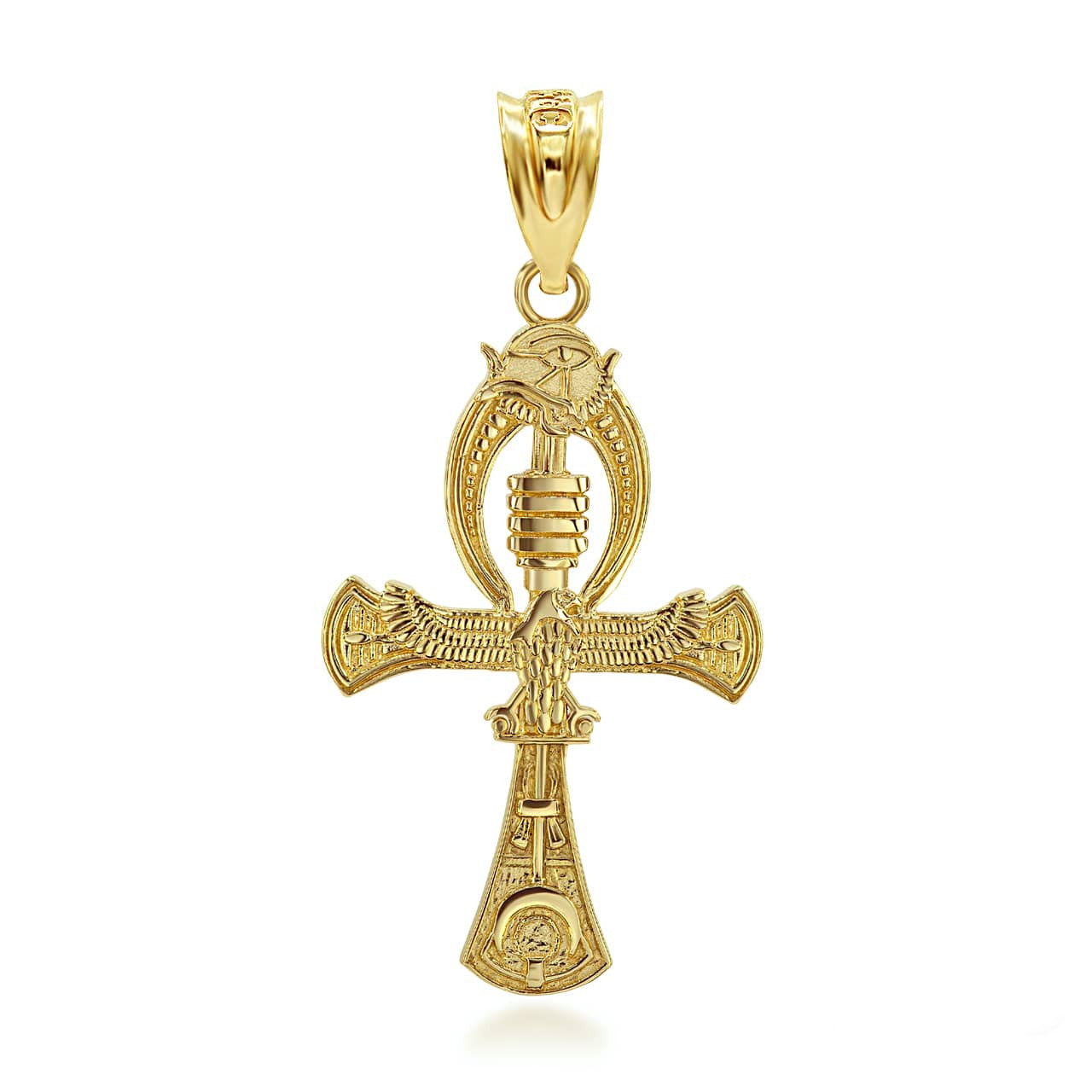 Gold 3D Egyptian Ankh Cross Eagle Eye of Horus Wadjet Pendant Necklace (Available in Yellow/Rose/White Gold)