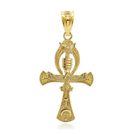 Gold 3D Egyptian Ankh Cross Eagle Eye of Horus Wadjet Pendant Necklace (Available in Yellow/Rose/White Gold)