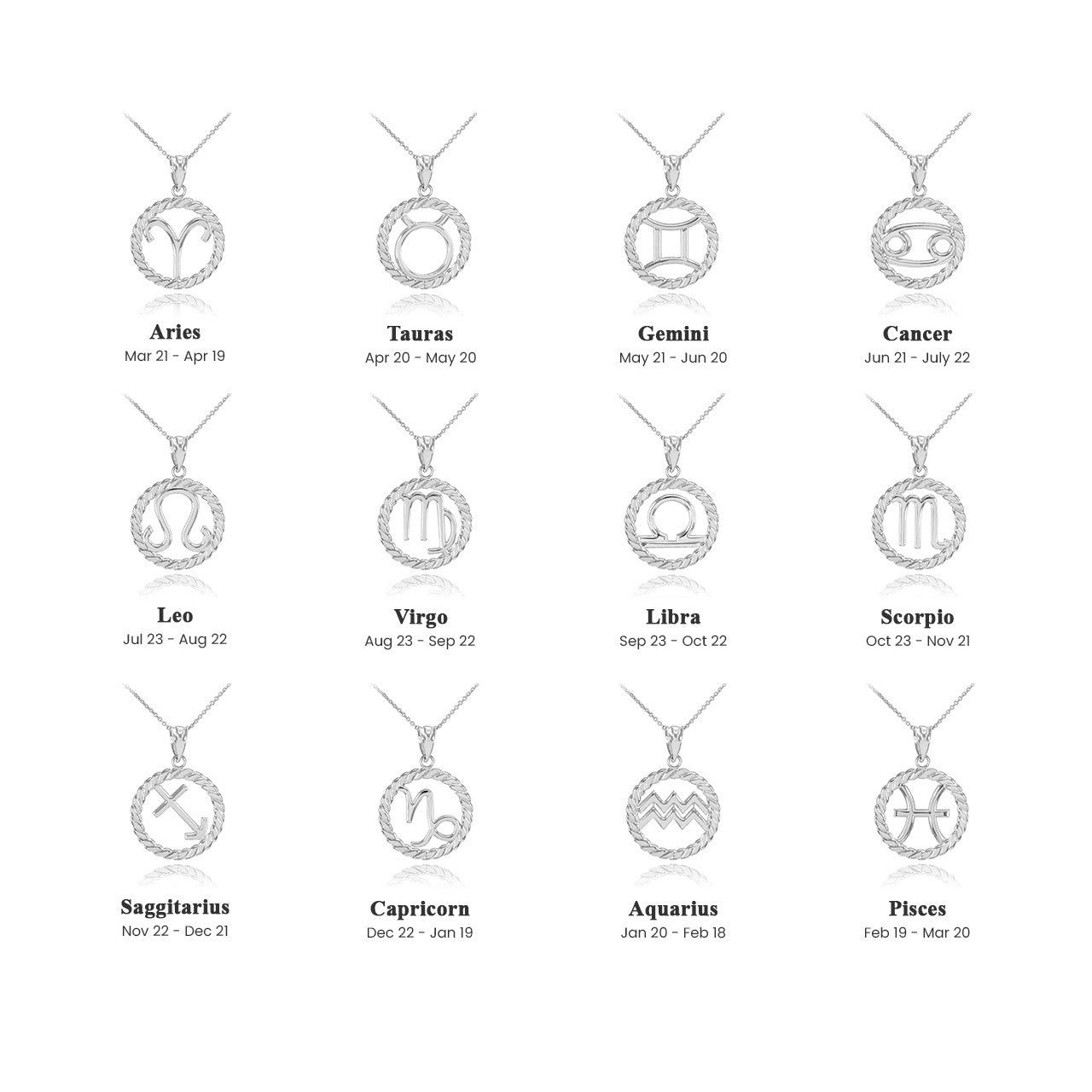 .925 Sterling Silver 12 Astrological Zodiac Sign in Circle Rope Pendant Necklace