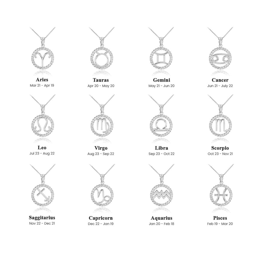 .925 Sterling Silver 12 Astrological Zodiac Sign in Circle Rope Pendant Necklace