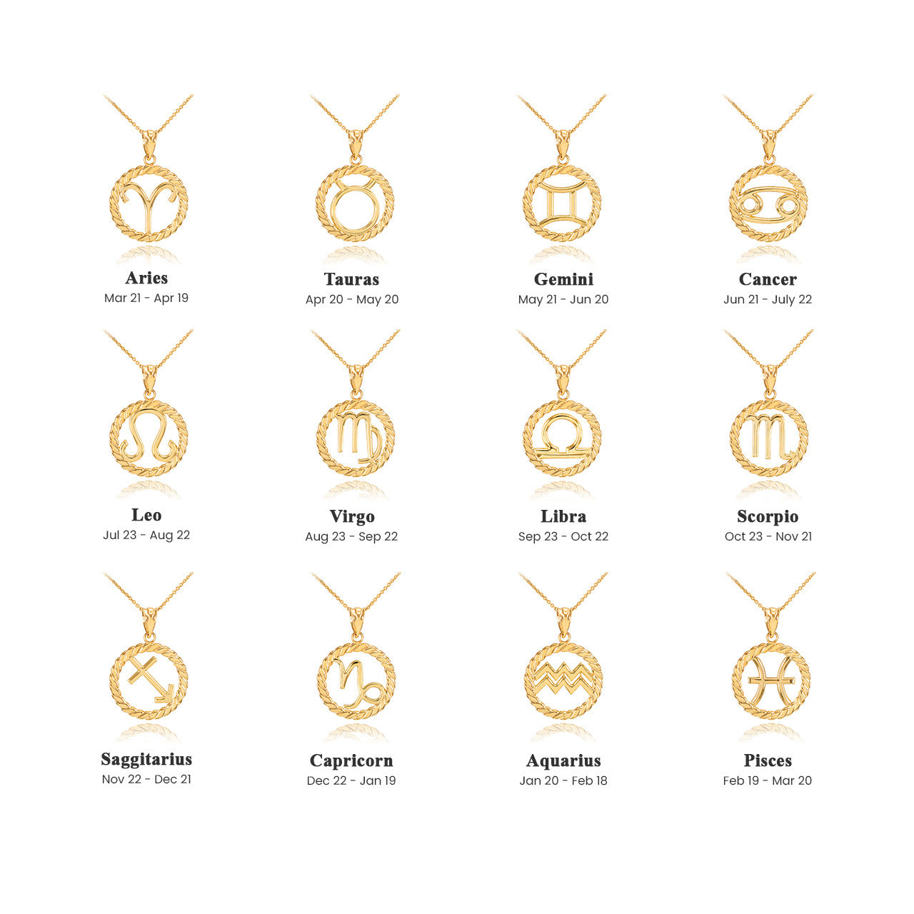 12 Gold Astrological Zodiac Sign in Circle Rope Pendant Necklace (Available in Yellow/Rose/White Gold)