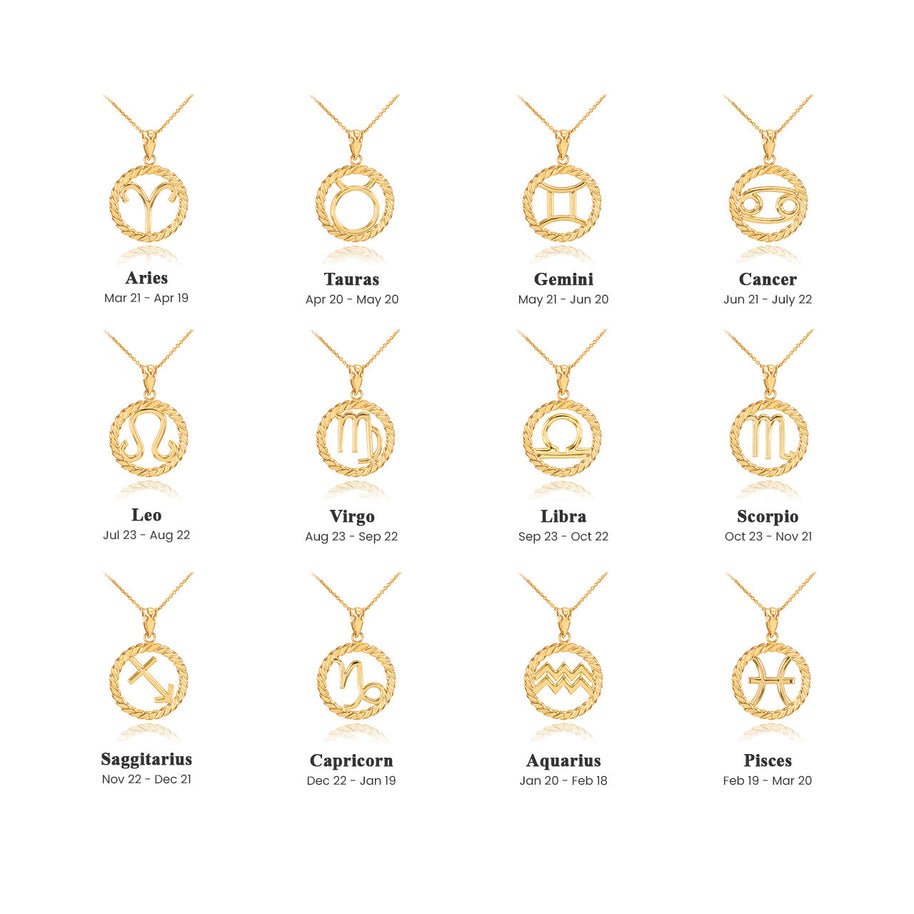 12 Gold Astrological Zodiac Sign in Circle Rope Pendant Necklace (Available in Yellow/Rose/White Gold)