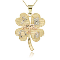 Gold Tri-Tone Four Leaf Clover Good Luck Charm Pendant Necklace (Available in Yellow/Rose/White Gold)