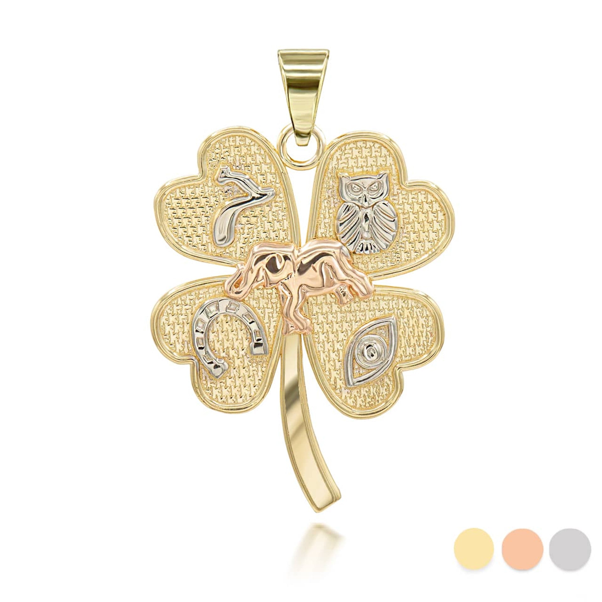 Gold Tri-Tone Four Leaf Clover Good Luck Charm Pendant Necklace (Available in Yellow/Rose/White Gold)