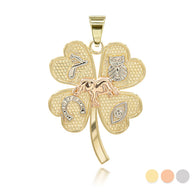 Gold Tri-Tone Four Leaf Clover Good Luck Charm Pendant Necklace (Available in Yellow/Rose/White Gold)