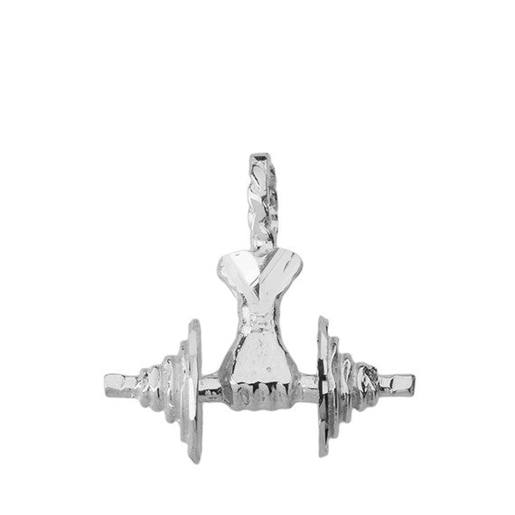Sterling Silver Bodybuilding Lifting Barbell 3D Pendant Necklace