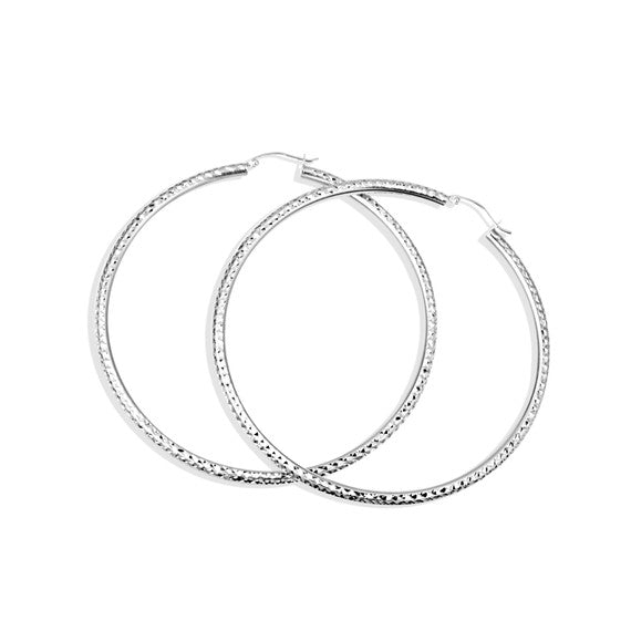 .925 Sterling Silver Diamond Cut Textured Hoop Earrings (Available in Small/Large)