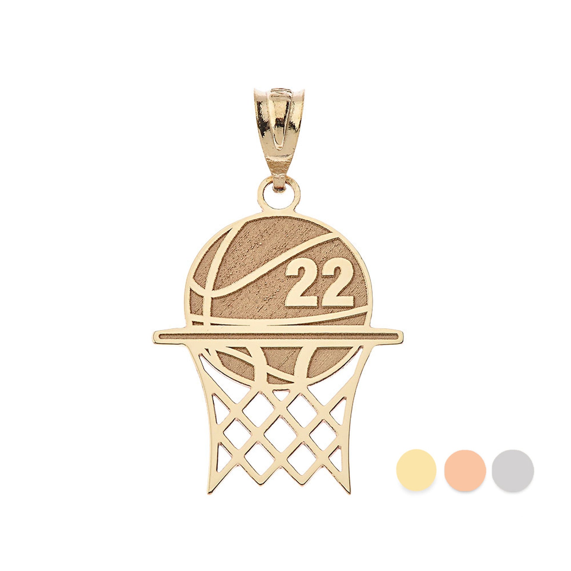 Gold Personalized Basketball Hoop Engravable Name & Number Sports Pendant Necklace (Yellow/Rose/White)