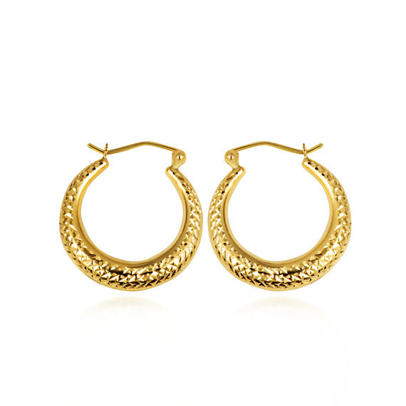 Yellow Gold Diamond Cut Textured Hoop Earrings