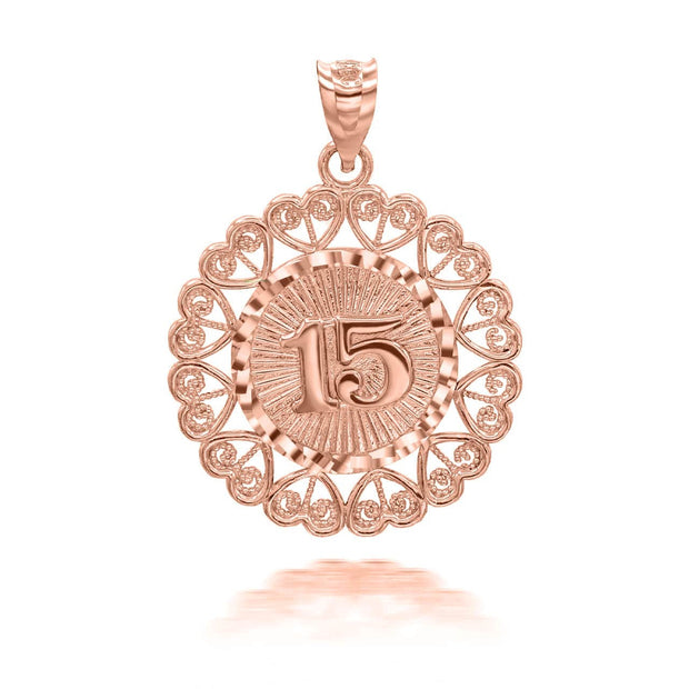 Rose Gold Quinceanera with Heart Filigree Pendant Necklace