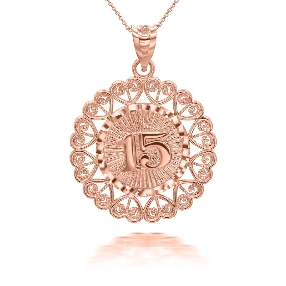 Rose Gold Quinceanera with Heart Filigree Pendant Necklace