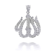 .925 Sterling Silver Allah Arabic Script Diamond Cut Pendant Necklace