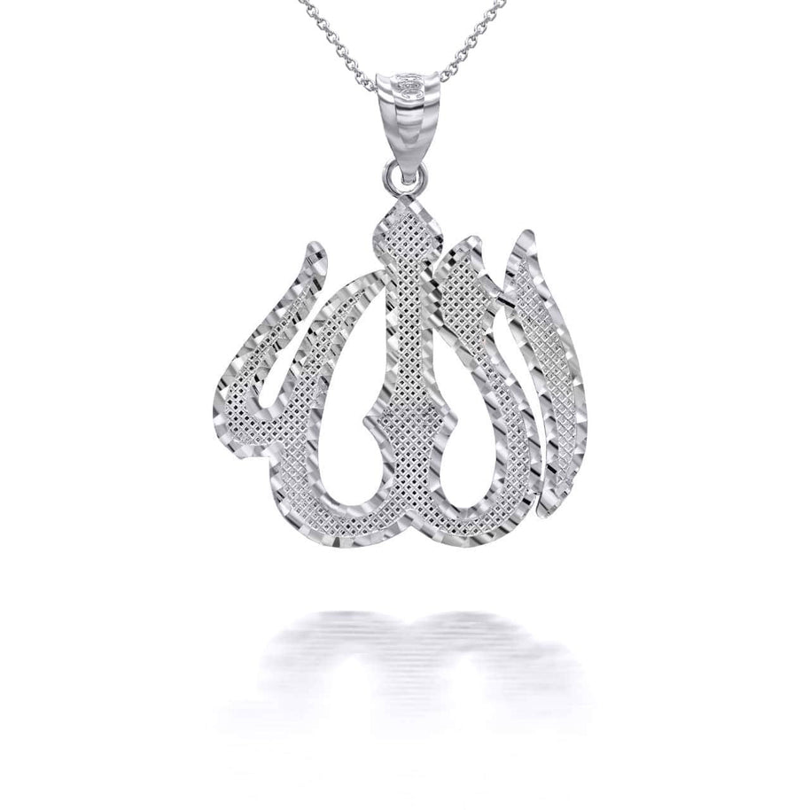 .925 Sterling Silver Allah Arabic Script Diamond Cut Pendant Necklace