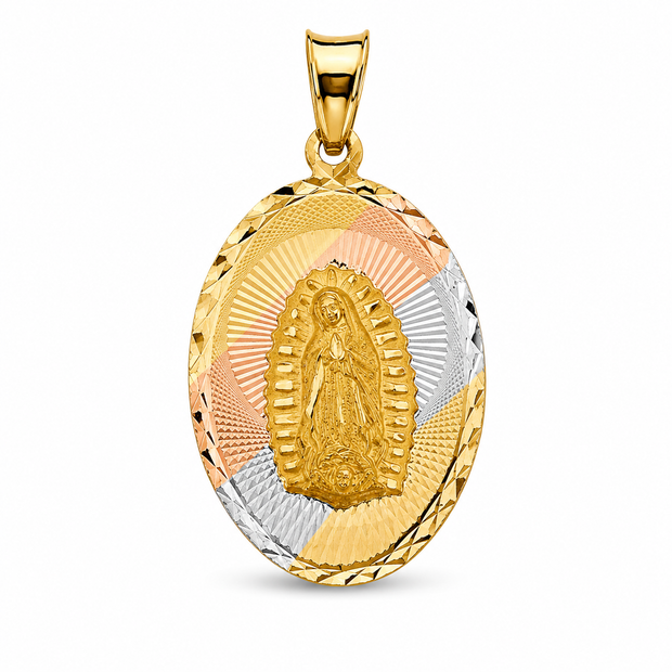 14K Gold Tri Color Virigin Mary Double Side Oval Charm