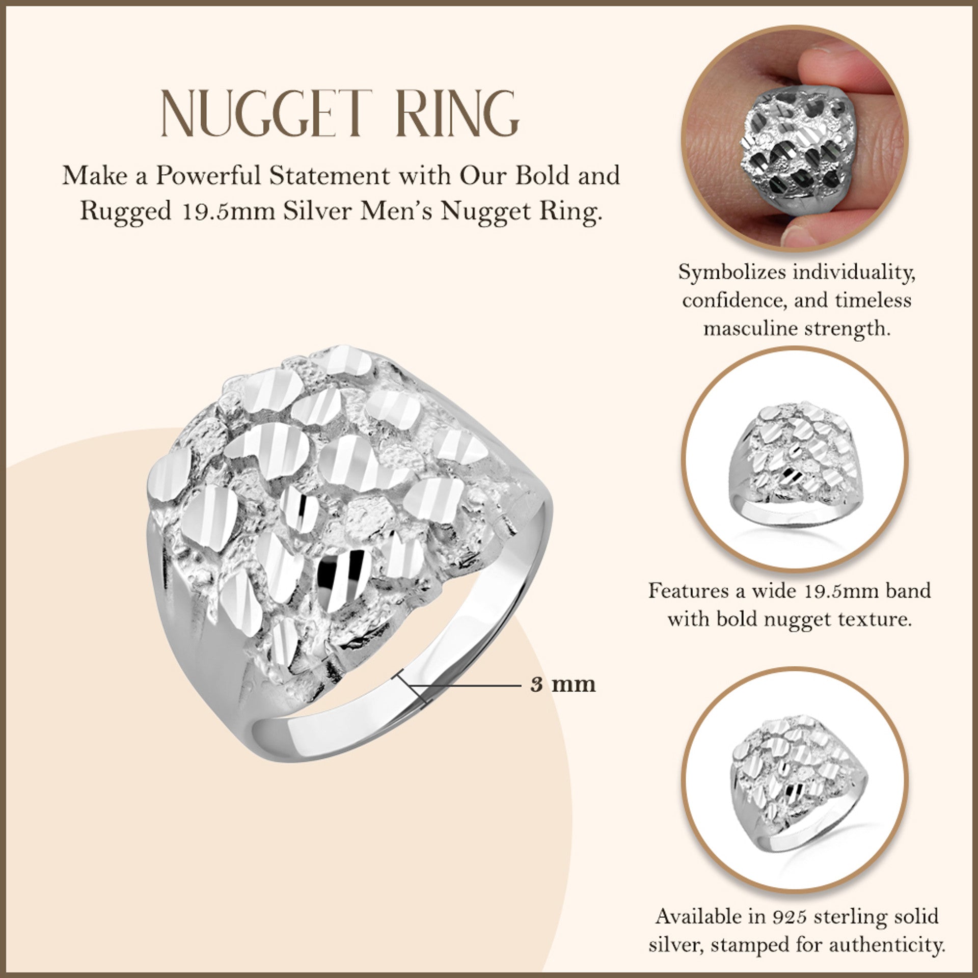 Silver Men's 19.5mm Nugget Ring
