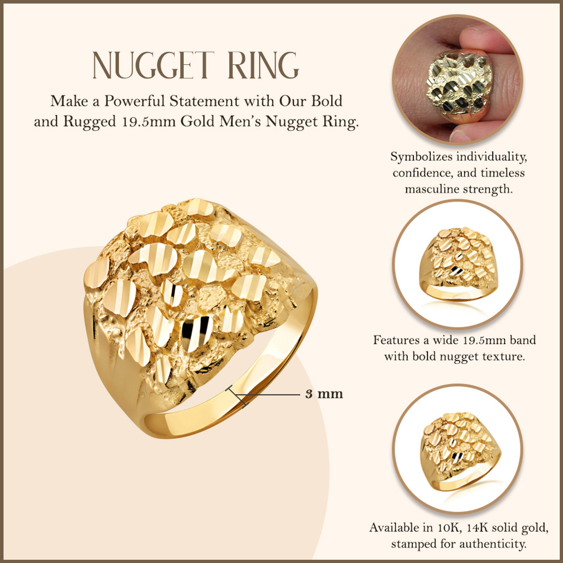 10K/14K Gold Men's 19.5mm Nugget Ring